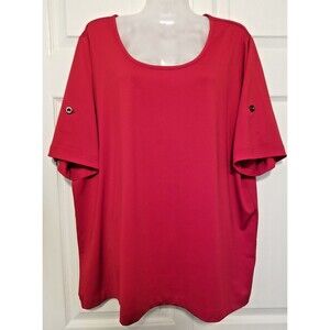 Susan Graver Women's Top True Red Size 1X Button Sleeve Accent Round Neck